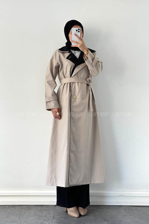 Sand Beige Long Arm Belted Poplin Fabric Trench Coat