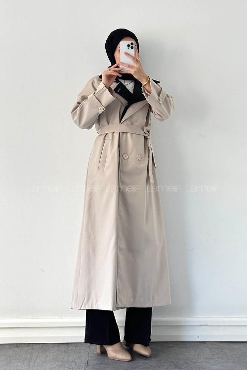 Sand Beige Long Arm Belted Poplin Fabric Trench Coat