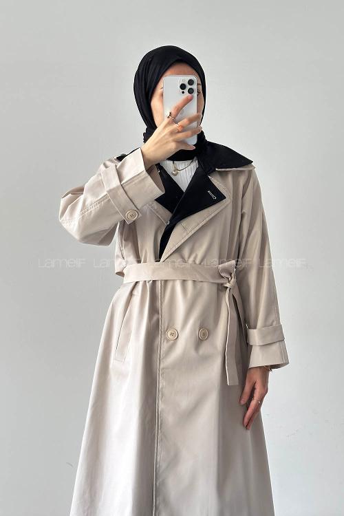 Sand Beige Long Arm Belted Poplin Fabric Trench Coat