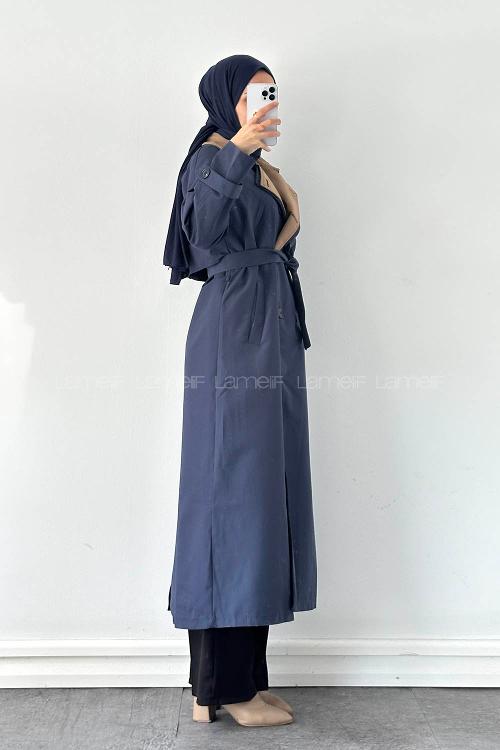 Lamelif Garnili Uzun Trenç Lacivert