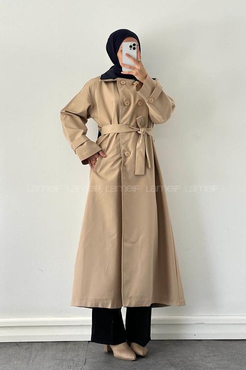 Brown With Milk Long Arm Belted Poplin Fabric Trench Coat