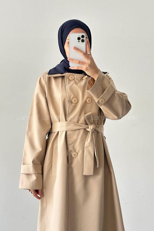 Brown With Milk Long Arm Belted Poplin Fabric Trench Coat