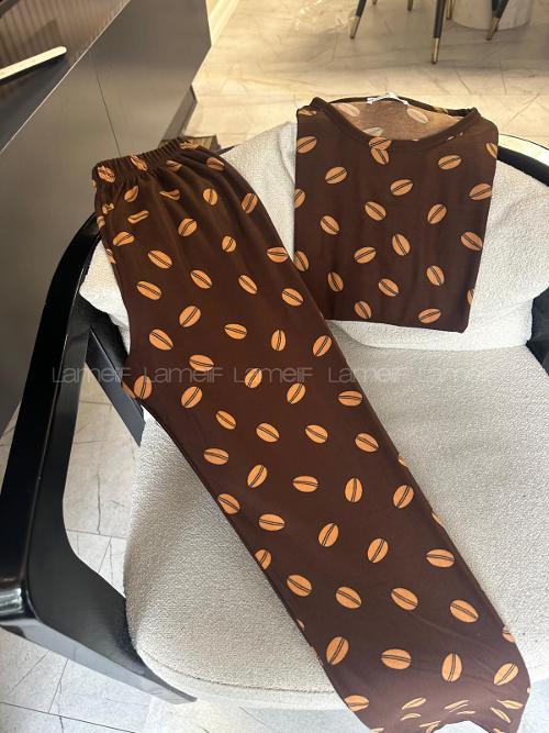 Lamelif Kahve Çekirdeği Detaylı Pijama Takımı