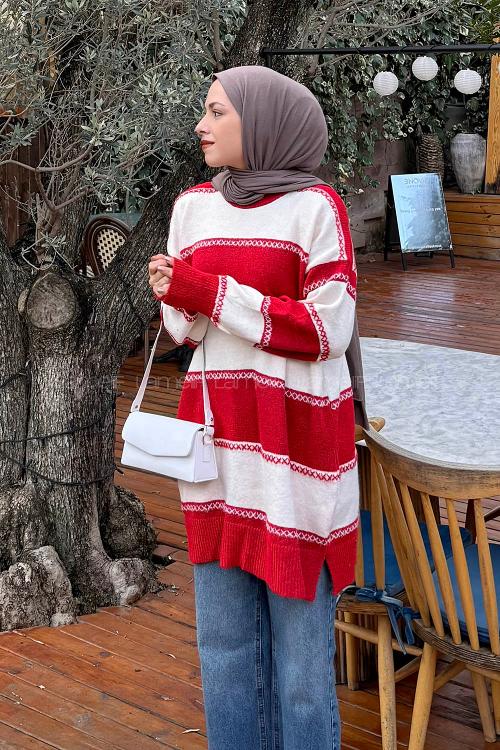 Lamelif Kalın Çizgili Kazak Nar Çiçeği