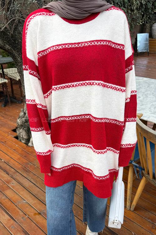 Lamelif Kalın Çizgili Kazak Nar Çiçeği