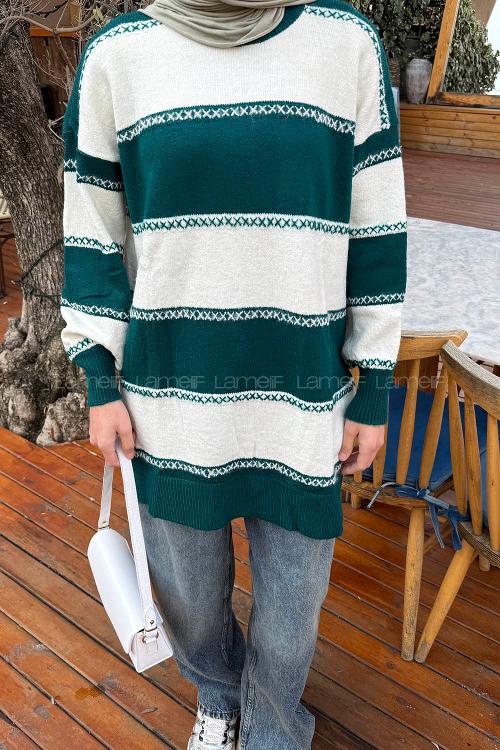 Lamelif Kalın Çizgili Kazak Zümrüt