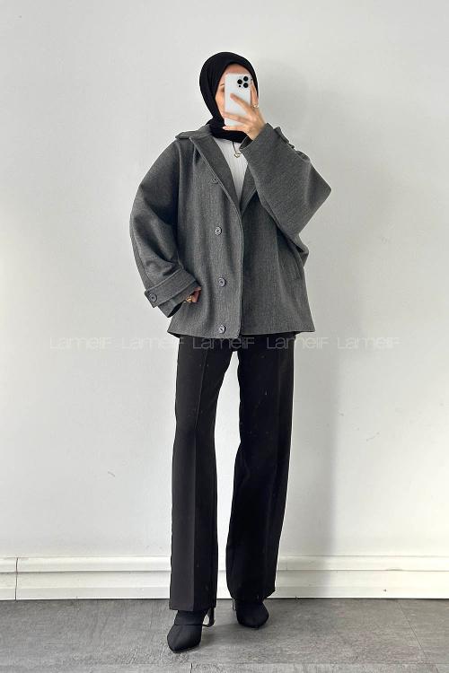 Lamelif Kol Kemerli Kaşe Kaban Antrasit