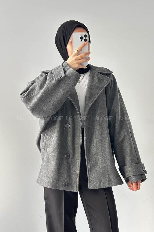 Lamelif Kol Kemerli Kaşe Kaban Antrasit