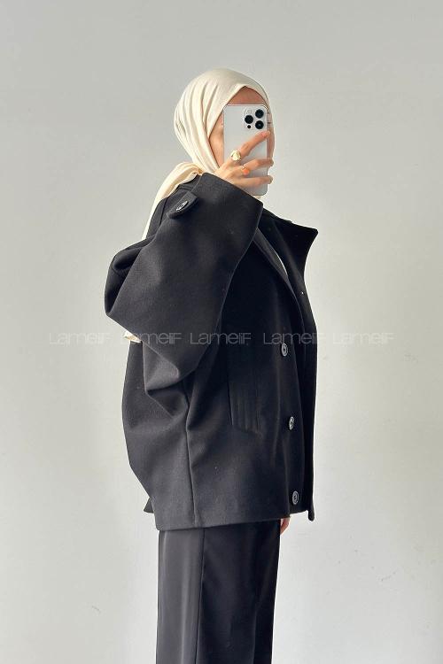 Lamelif Kol Kemerli Kaşe Kaban Siyah