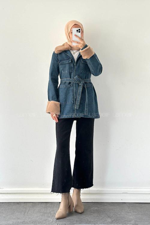Lamelif Kürklü Denim Mont Kot Mavisi