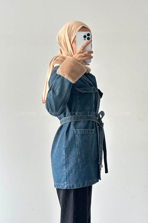 Lamelif Kürklü Denim Mont Kot Mavisi