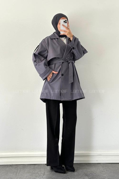 Lamelif Omuz Apoletli Trençkot Gri