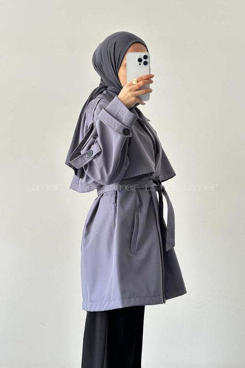 Lamelif Omuz Apoletli Trençkot Gri