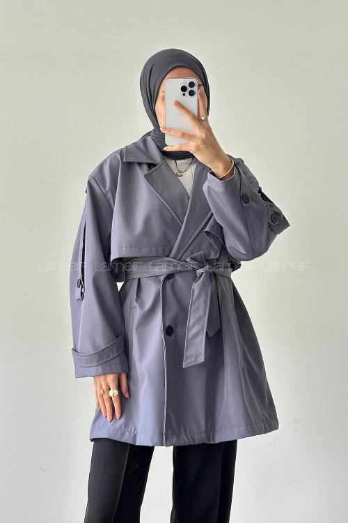 Lamelif Omuz Apoletli Trençkot Gri