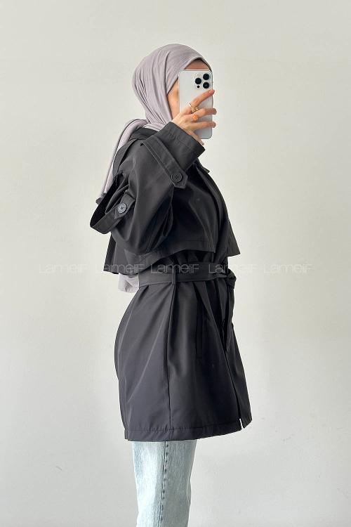 Lamelif Omuz Apoletli Trençkot Siyah