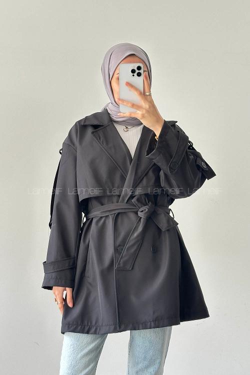 Lamelif Omuz Apoletli Trençkot Siyah