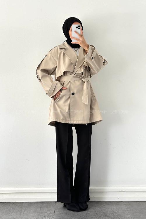 Lamelif Omuz Apoletli Trençkot Taş Rengi