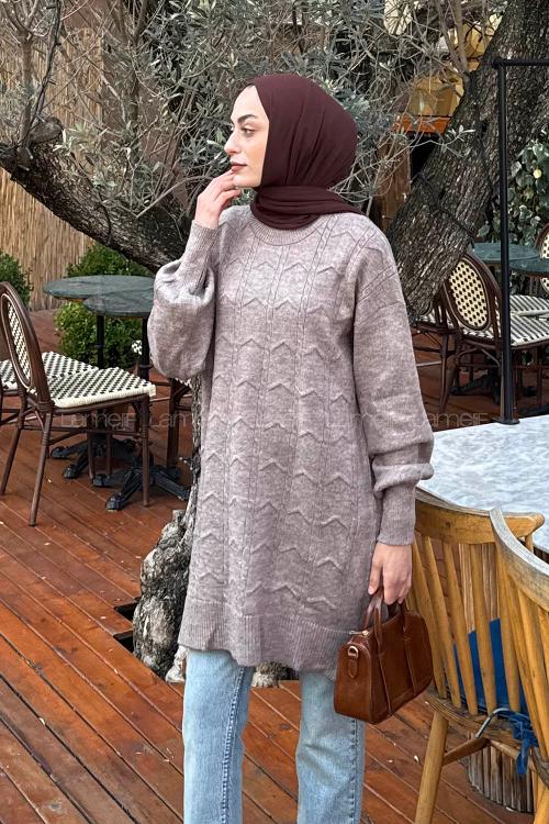 Lamelif Örgü Desen Uzun Kazak Vizonrengi