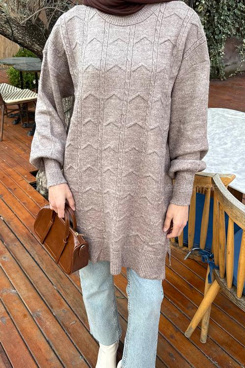 Lamelif Örgü Desen Uzun Kazak Vizonrengi