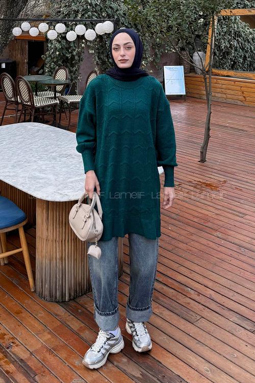 Lamelif Örgü Desen Uzun Kazak Zümrüt