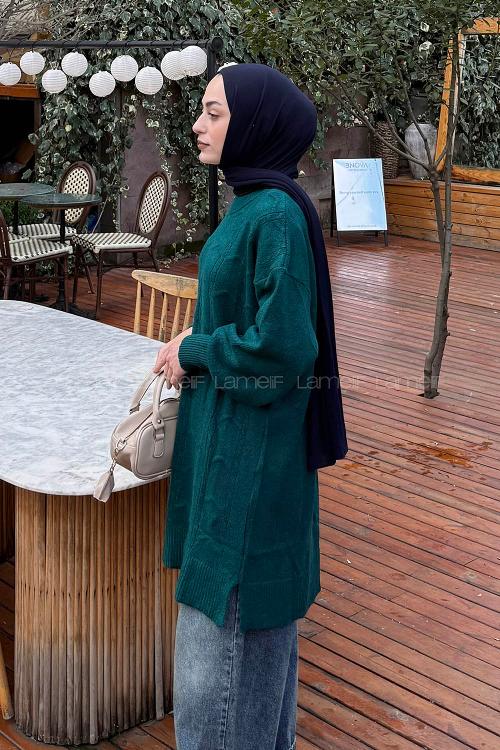 Lamelif Örgü Desen Uzun Kazak Zümrüt