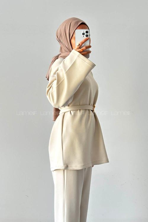 Beige Crew Neck Long Arm Cotton Regular Trousers Comfortable Suit