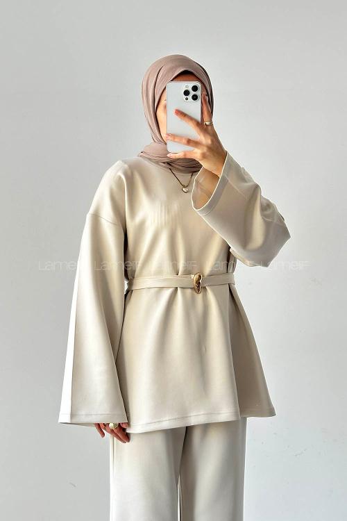 Beige Crew Neck Long Arm Cotton Regular Trousers Comfortable Suit