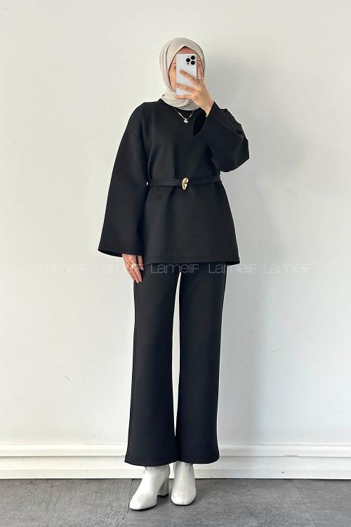 Black Crew Neck Long Arm Cotton Regular Trousers Comfortable Suit