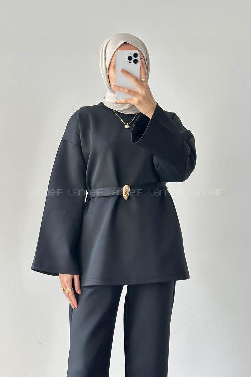 Black Crew Neck Long Arm Cotton Regular Trousers Comfortable Suit