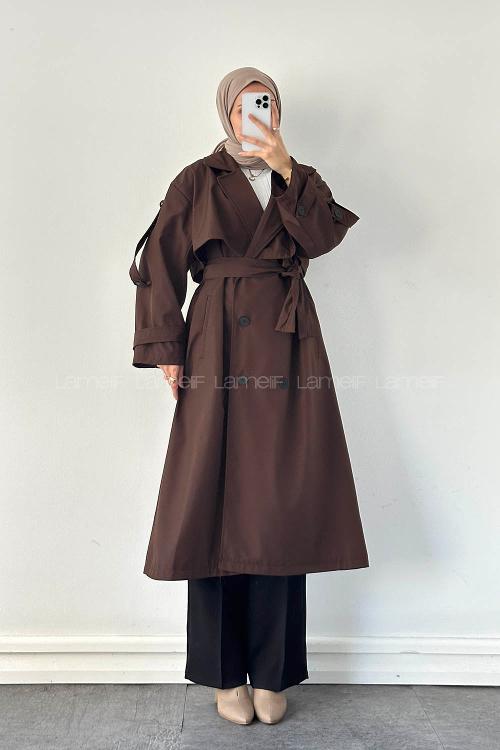 Lamelif Uzun Apoletli Oversize Trenç Kahverengi