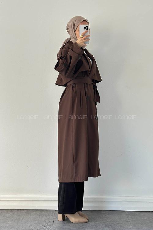 Lamelif Uzun Apoletli Oversize Trenç Kahverengi