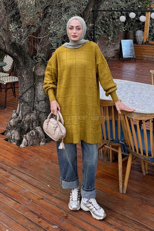 Lamelif Yumoş Triko Kazak Yağ Yeşili