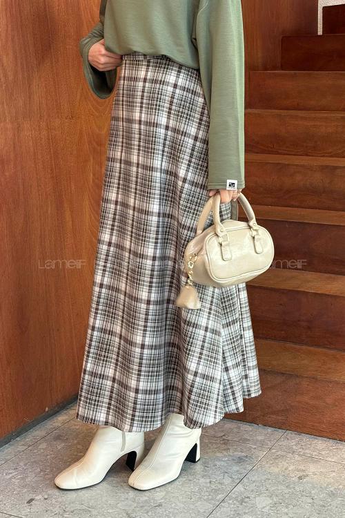 Lamelif Ekose Tesettür Etek Yeşil