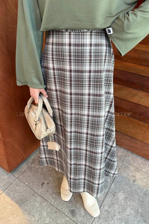 Lamelif Ekose Tesettür Etek Yeşil