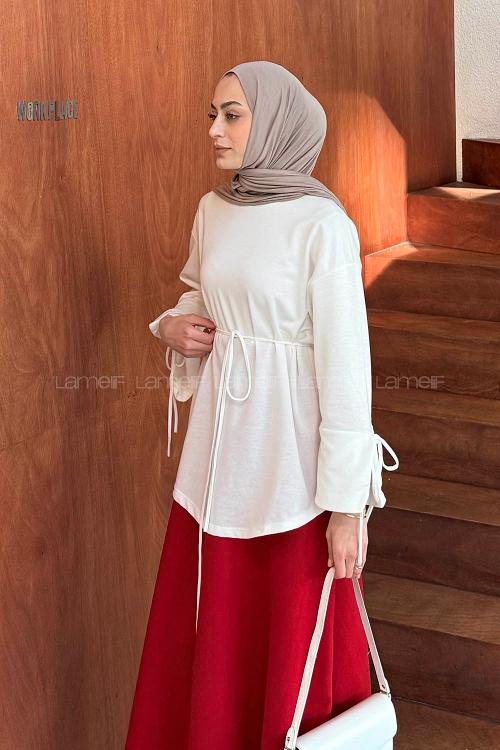 Lamelif Kol Biyeli Sweat Beyaz