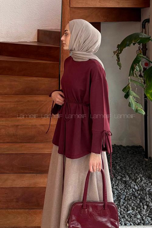 Lamelif Kol Biyeli Sweat Bordo
