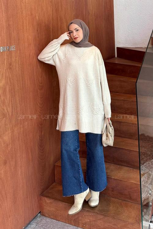 Lamelif Nakış Detaylı Triko Kazak Natural