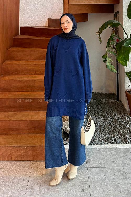 Lamelif Nakış Detaylı Triko Kazak Saks Mavisi