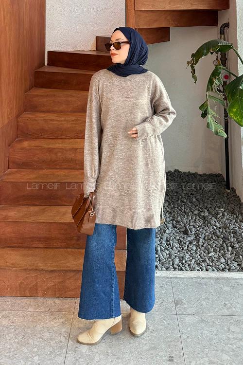 Lamelif Nakış Detaylı Triko Kazak Vizonrengi