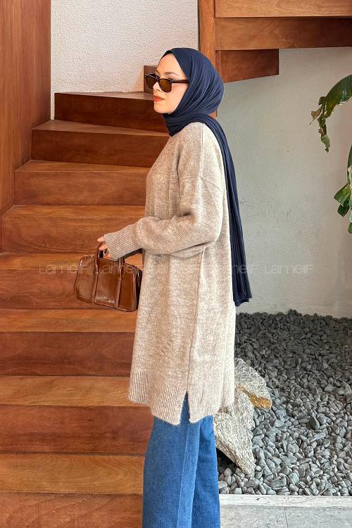 Lamelif Nakış Detaylı Triko Kazak Vizonrengi