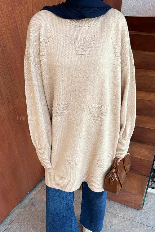 Lamelif Nakış Detaylı Triko Kazak Vizonrengi