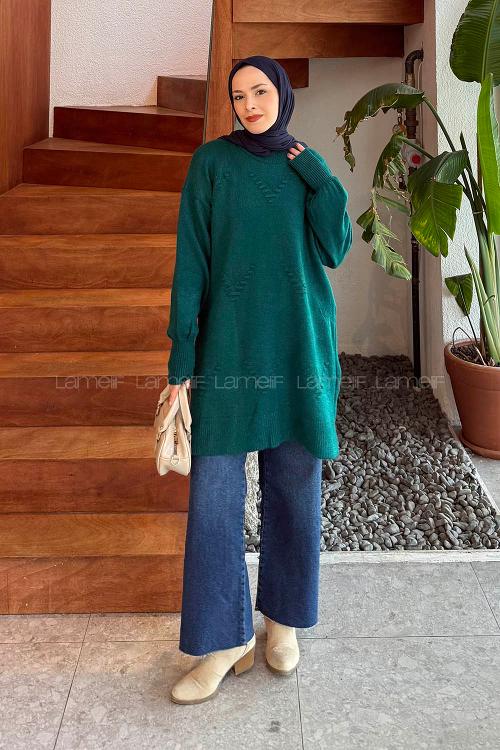Lamelif Nakış Detaylı Triko Kazak Zümrüt