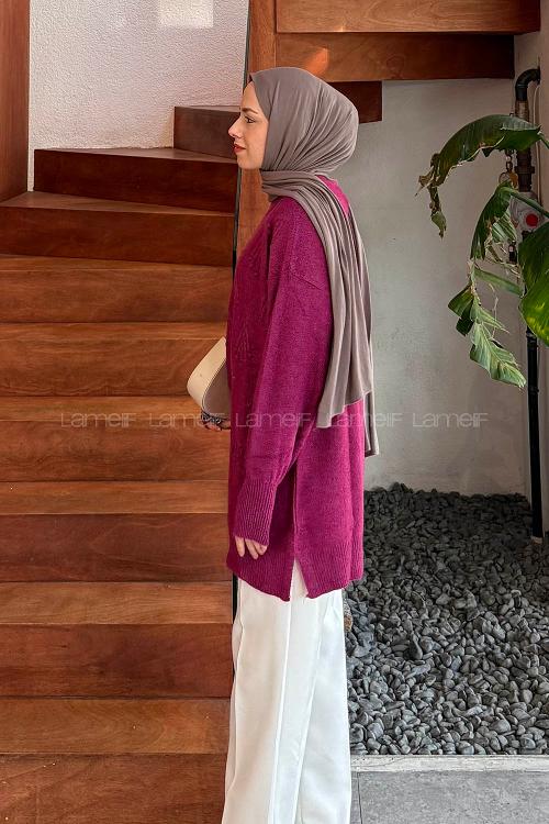 Lamelif Nakışlı Kazak Fuşya