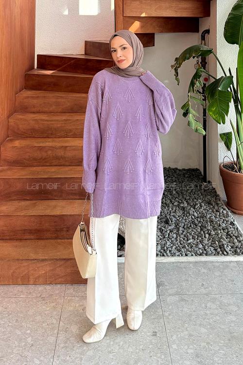 Lamelif Nakışlı Kazak Lila