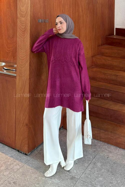 Lamelif Triko Tesettür Kazak Fuşya