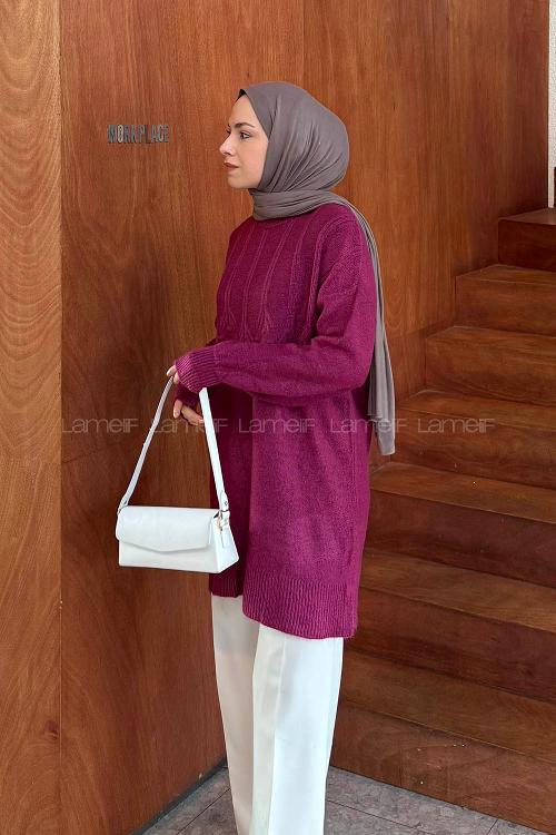 Lamelif Triko Tesettür Kazak Fuşya