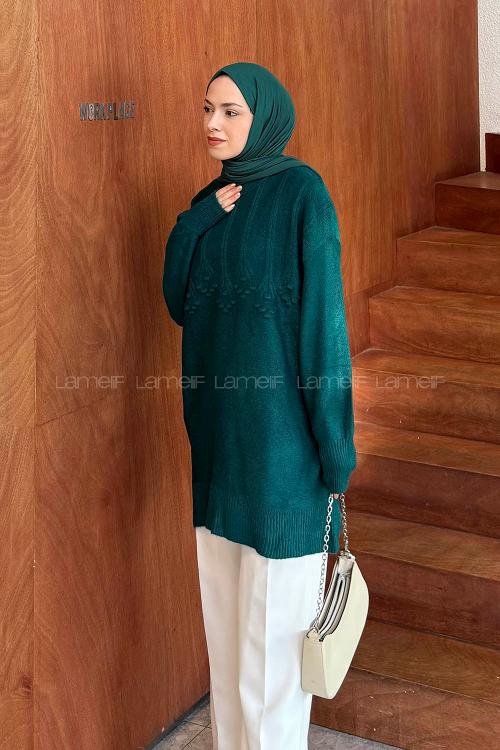 Lamelif Triko Tesettür Kazak Zümrüt