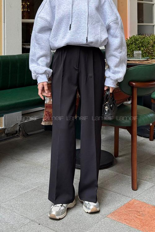 Black Polyester Normal Waist Material Pants