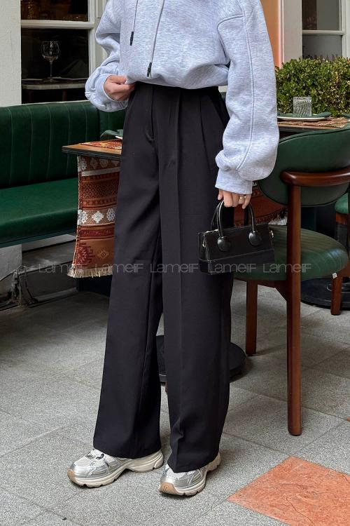 Black Polyester Normal Waist Material Pants