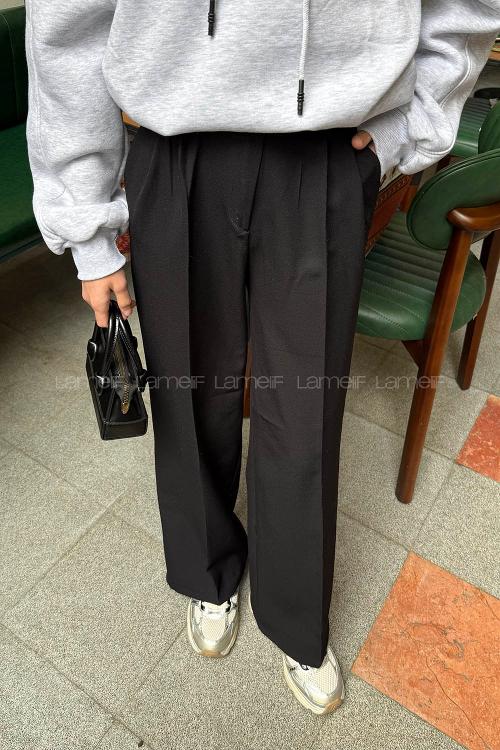 Black Polyester Normal Waist Material Pants
